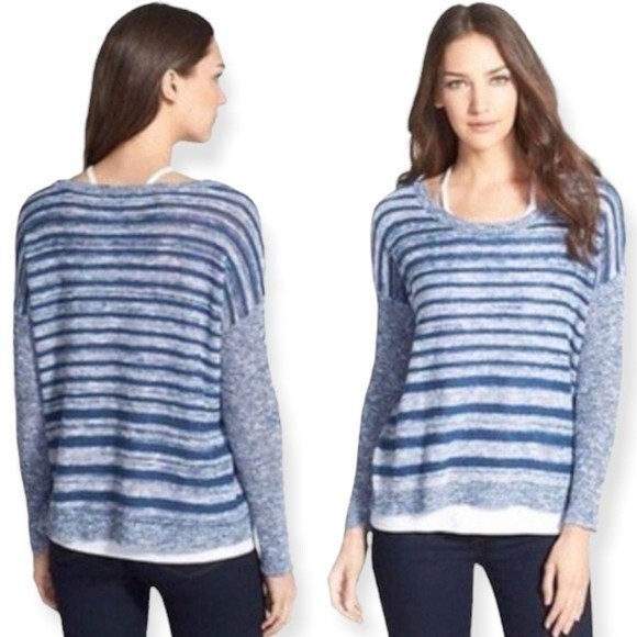 Eileen Fisher Organic Linen Blend Striped Blue Contrast Pullover Sweater - Picture 2 of 8